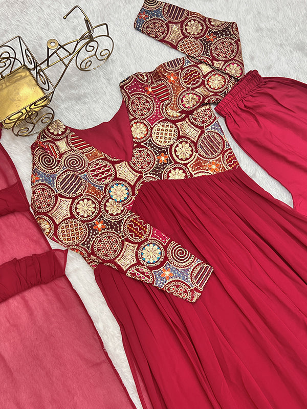 Red Designer Anarkali Gown With Pant & Dupatta Set