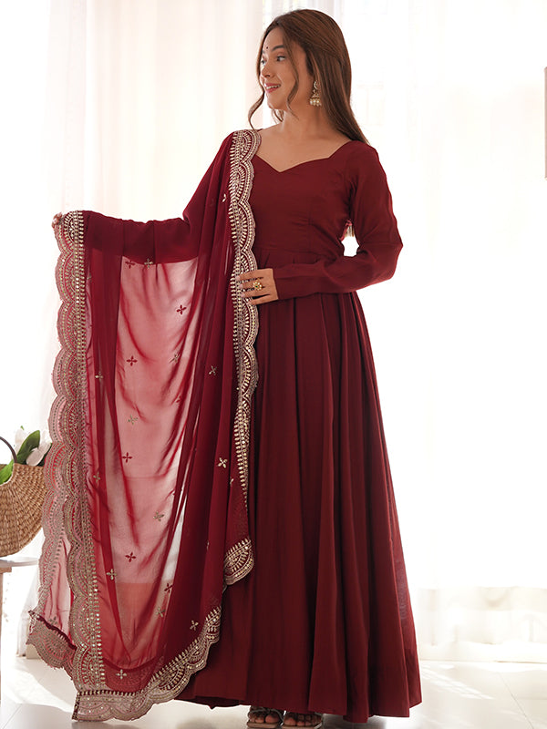 Chanderi Silk Maroon Anarkali Gown With Pant & Dupatta Set