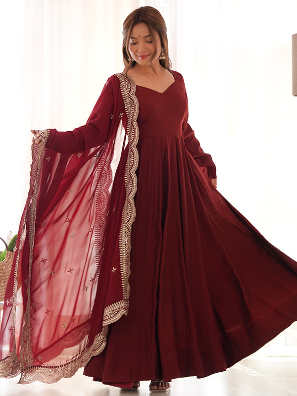 Chanderi Silk Maroon Anarkali Gown With Pant & Dupatta Set