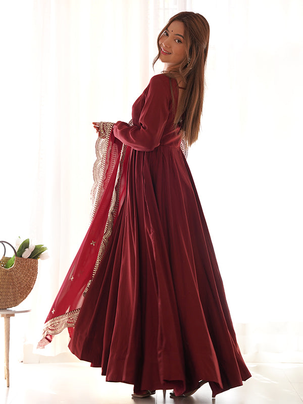 Chanderi Silk Maroon Anarkali Gown With Pant & Dupatta Set