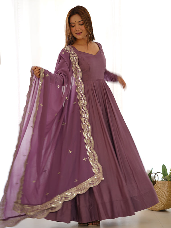 Mauve Chanderi Silk Anarkali Gown With Pant & Dupatta Set