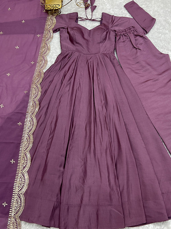 Mauve Chanderi Silk Anarkali Gown With Pant & Dupatta Set