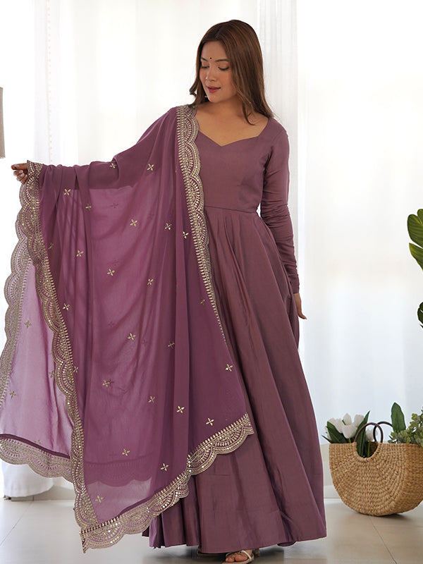 Mauve Chanderi Silk Anarkali Gown With Pant & Dupatta Set