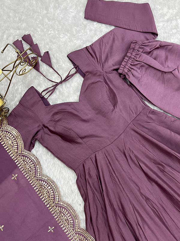 Mauve Chanderi Silk Anarkali Gown With Pant & Dupatta Set