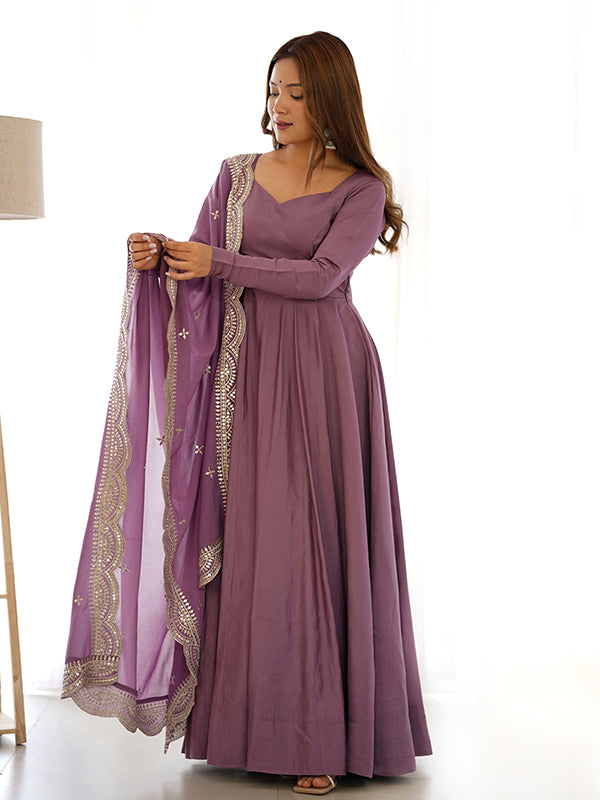 Mauve Chanderi Silk Anarkali Gown With Pant & Dupatta Set