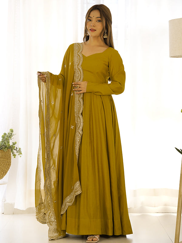 Mustard Chanderi Silk Anarkali Gown With Pant & Dupatta Set