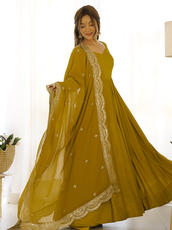 Mustard Chanderi Silk Anarkali Gown With Pant & Dupatta Set