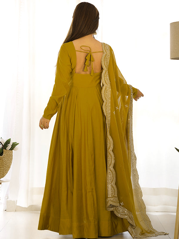 Mustard Chanderi Silk Anarkali Gown With Pant & Dupatta Set