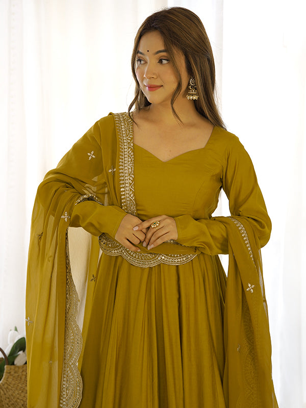 Mustard Chanderi Silk Anarkali Gown With Pant & Dupatta Set