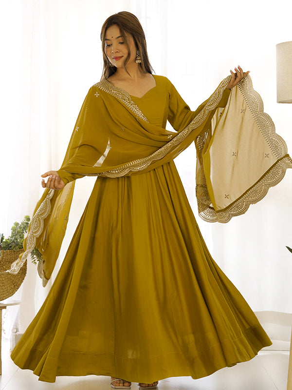 Mustard Chanderi Silk Anarkali Gown With Pant & Dupatta Set