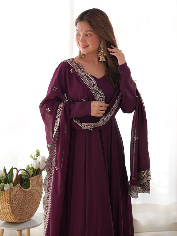 Wine Chanderi Silk Anarkali Gown With Pant & Dupatta Set