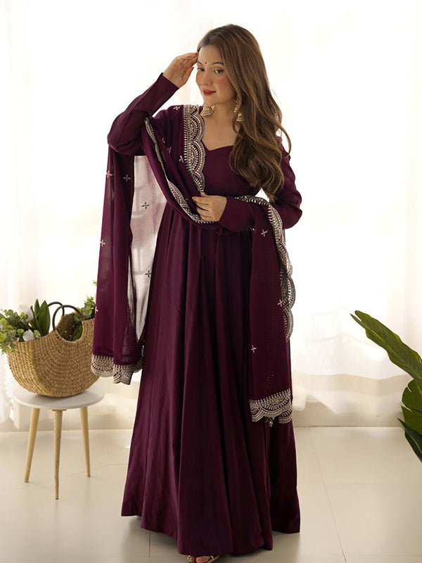 Wine Chanderi Silk Anarkali Gown With Pant & Dupatta Set