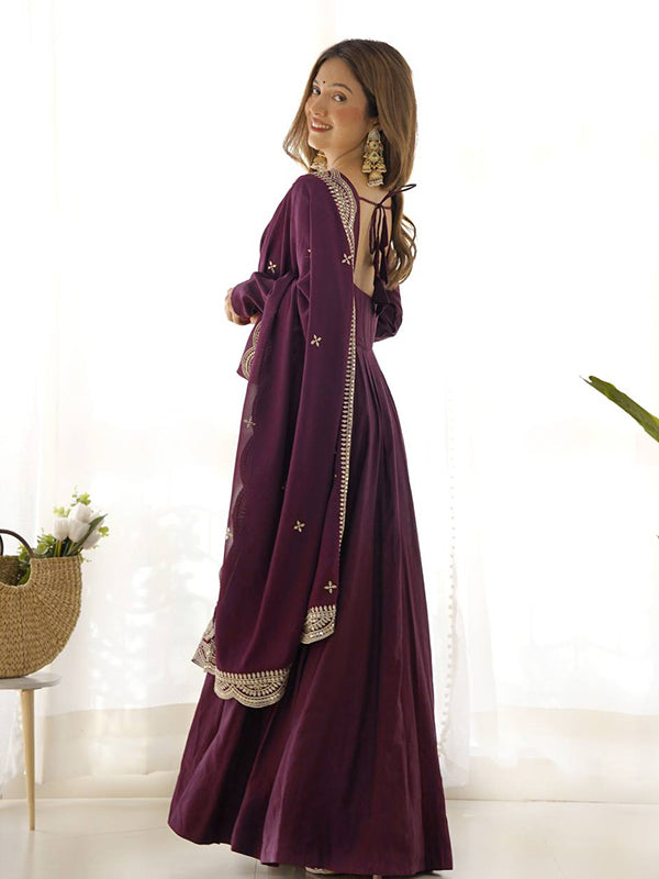 Wine Chanderi Silk Anarkali Gown With Pant & Dupatta Set