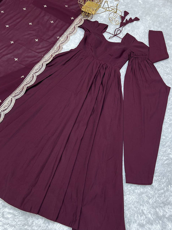 Wine Chanderi Silk Anarkali Gown With Pant & Dupatta Set