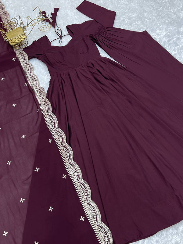 Wine Chanderi Silk Anarkali Gown With Pant & Dupatta Set