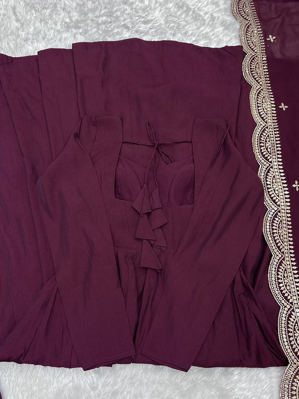 Wine Chanderi Silk Anarkali Gown With Pant & Dupatta Set