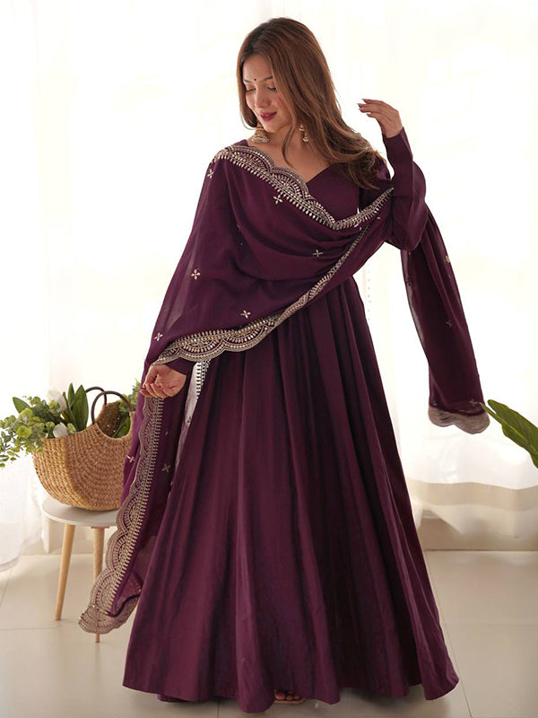 Wine Chanderi Silk Anarkali Gown With Pant & Dupatta Set