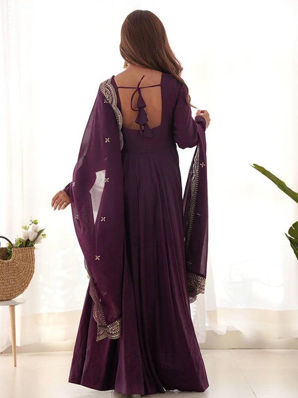 Wine Chanderi Silk Anarkali Gown With Pant & Dupatta Set