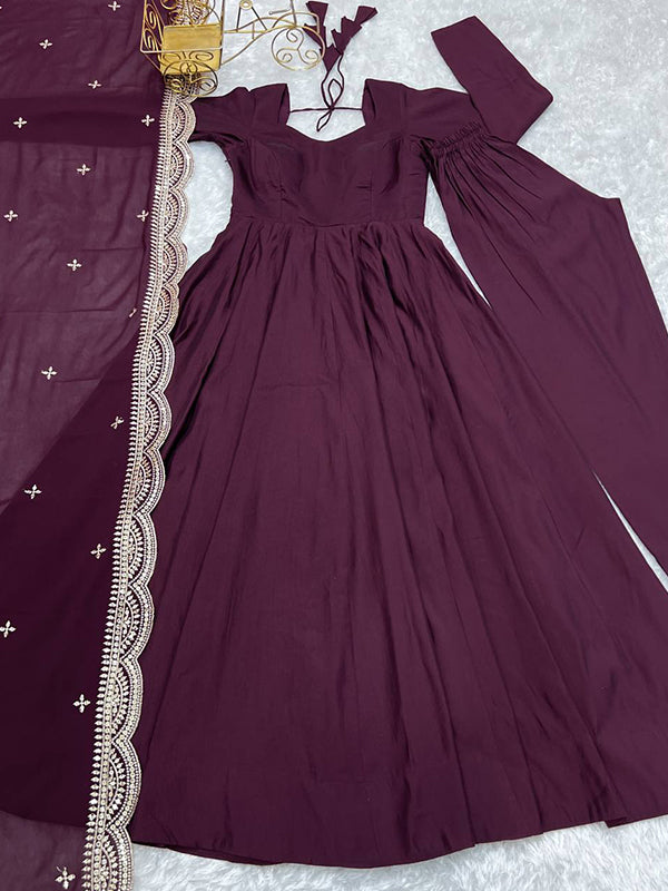 Wine Chanderi Silk Anarkali Gown With Pant & Dupatta Set