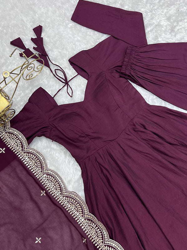 Wine Chanderi Silk Anarkali Gown With Pant & Dupatta Set
