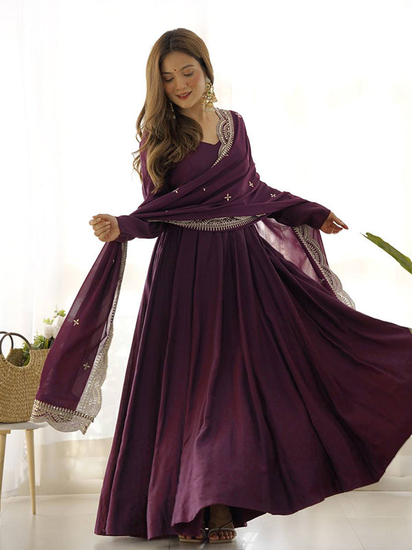 Wine Chanderi Silk Anarkali Gown With Pant & Dupatta Set