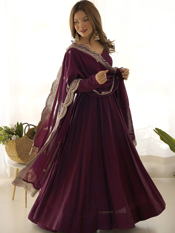 Wine Chanderi Silk Anarkali Gown With Pant & Dupatta Set