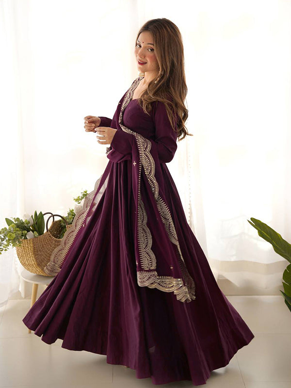 Wine Chanderi Silk Anarkali Gown With Pant & Dupatta Set