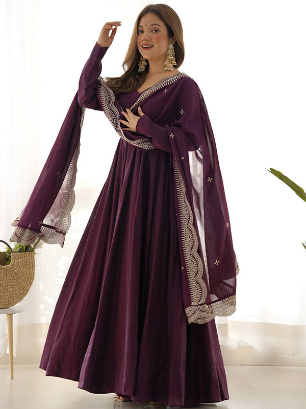 Wine Chanderi Silk Anarkali Gown With Pant & Dupatta Set