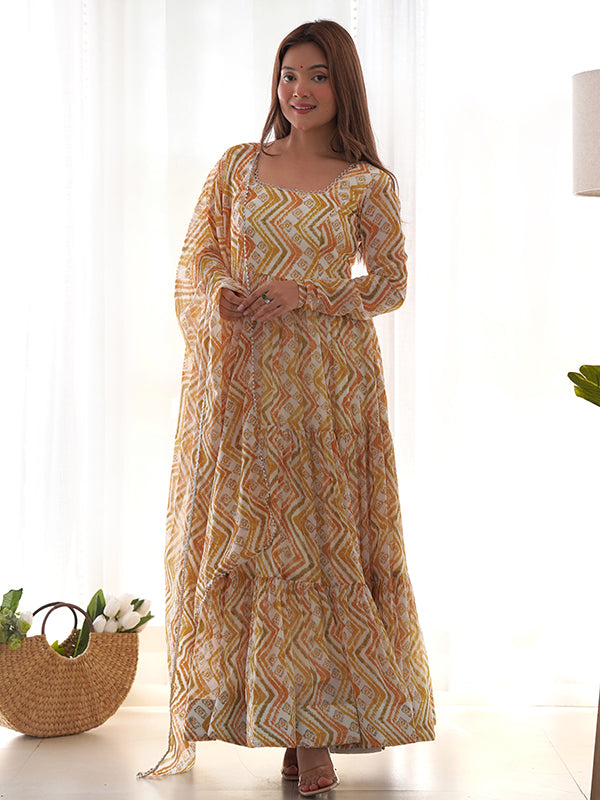 Yellow Zigzag Print Georgette Anarkali Kurti With Pant Dupatta Set