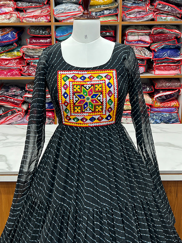 Black Layered Embroidered & Printed Anarkali Gown