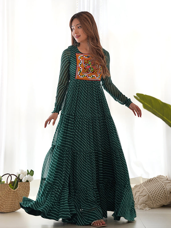 Layered Bottle Green Embroidered & Printed Anarkali Gown