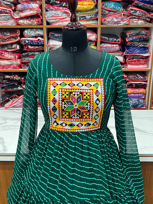 Layered Bottle Green Embroidered & Printed Anarkali Gown