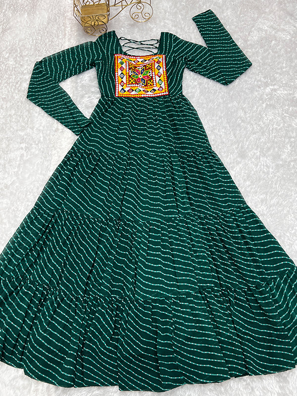 Layered Bottle Green Embroidered & Printed Anarkali Gown