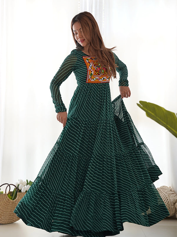 Layered Bottle Green Embroidered & Printed Anarkali Gown