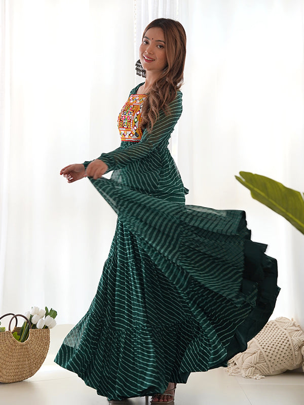 Layered Bottle Green Embroidered & Printed Anarkali Gown