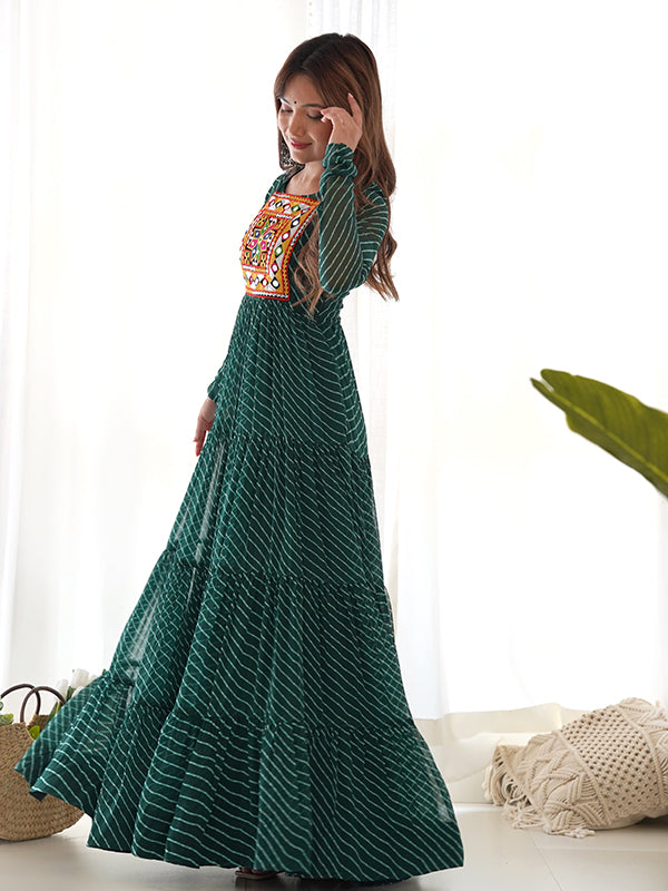 Layered Bottle Green Embroidered & Printed Anarkali Gown