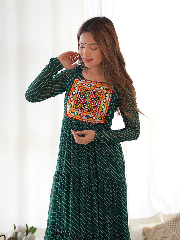 Layered Bottle Green Embroidered & Printed Anarkali Gown