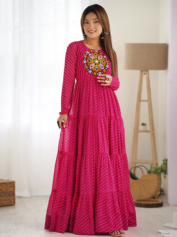 Rani Pink Layered Embroidered & Printed Anarkali Gown