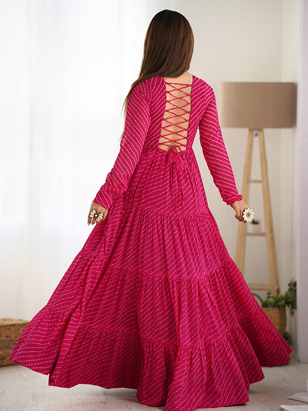 Rani Pink Layered Embroidered & Printed Anarkali Gown