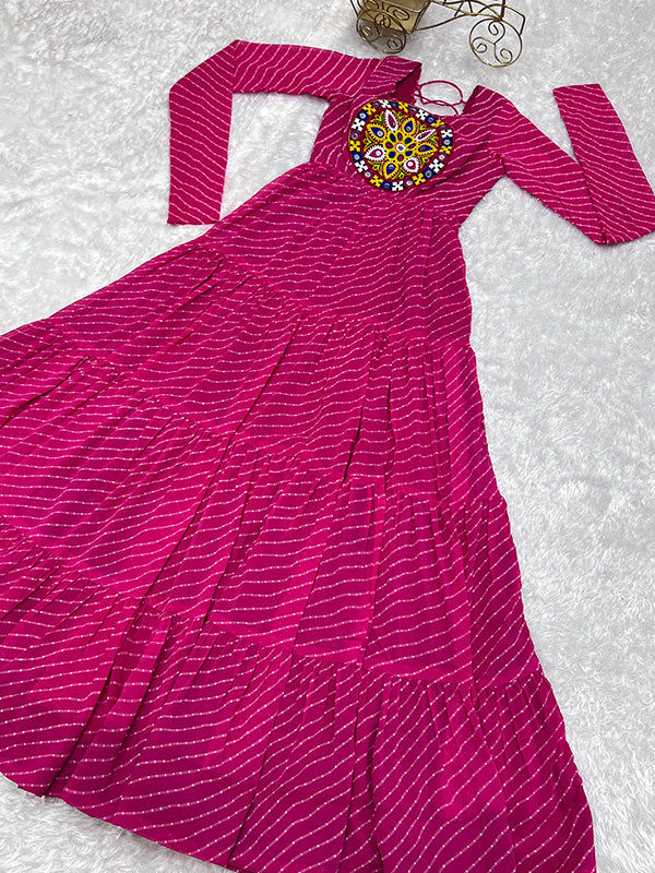 Rani Pink Layered Embroidered & Printed Anarkali Gown