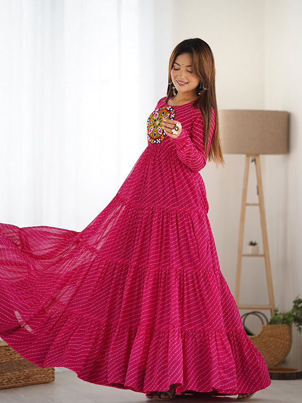 Rani Pink Layered Embroidered & Printed Anarkali Gown