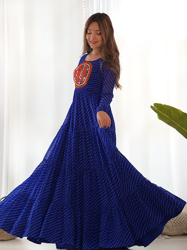 Royal Blue Layered Embroidered & Printed Anarkali Gown