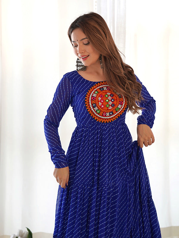 Royal Blue Layered Embroidered & Printed Anarkali Gown