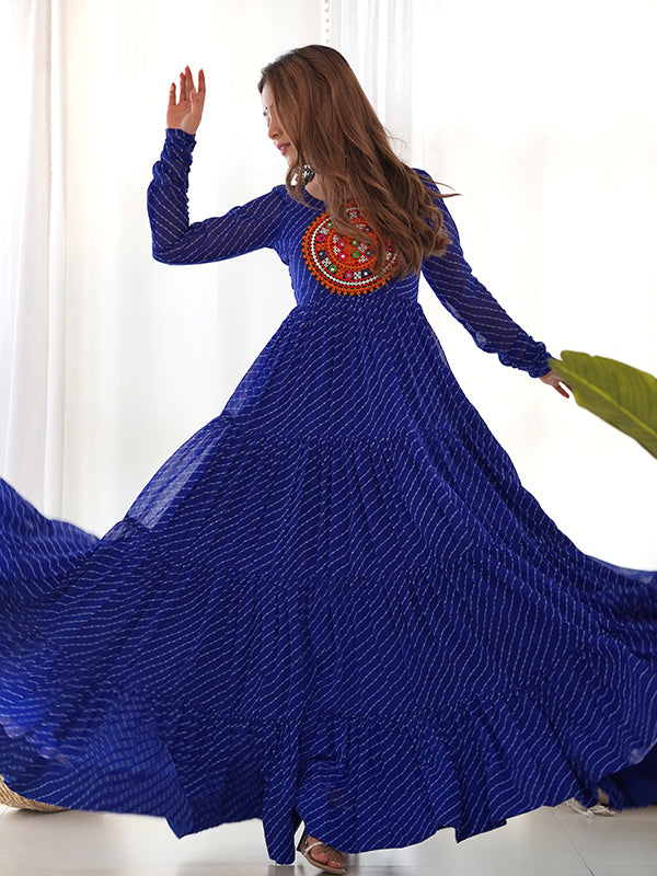 Royal Blue Layered Embroidered & Printed Anarkali Gown