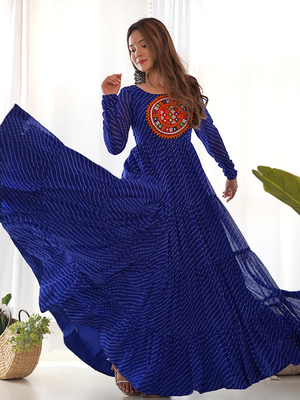 Royal Blue Layered Embroidered & Printed Anarkali Gown