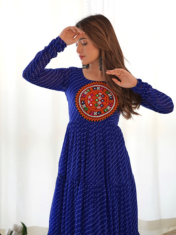 Royal Blue Layered Embroidered & Printed Anarkali Gown