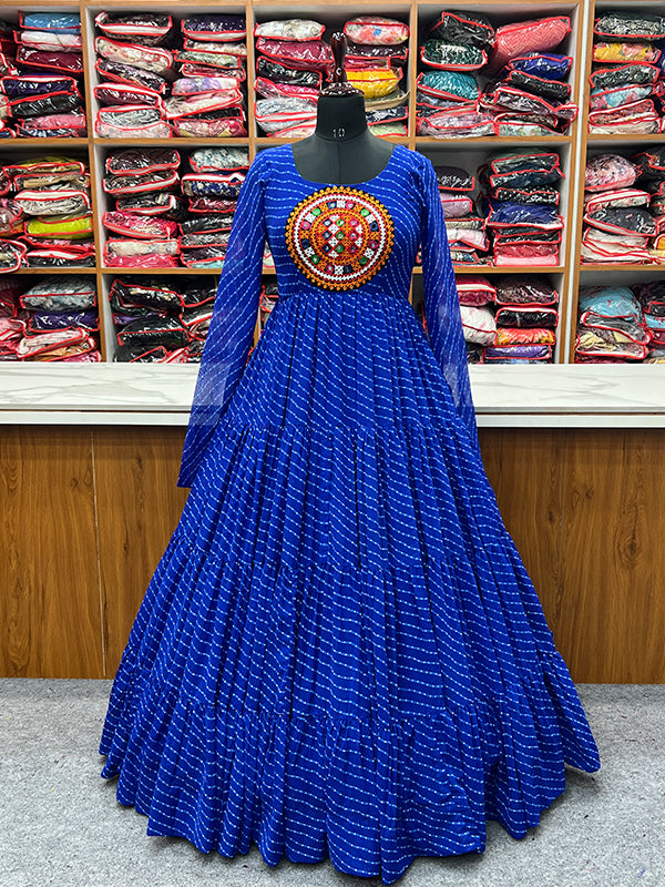 Royal Blue Layered Embroidered & Printed Anarkali Gown