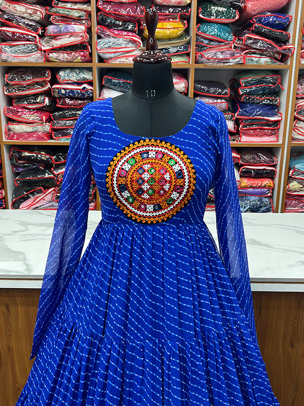 Royal Blue Layered Embroidered & Printed Anarkali Gown