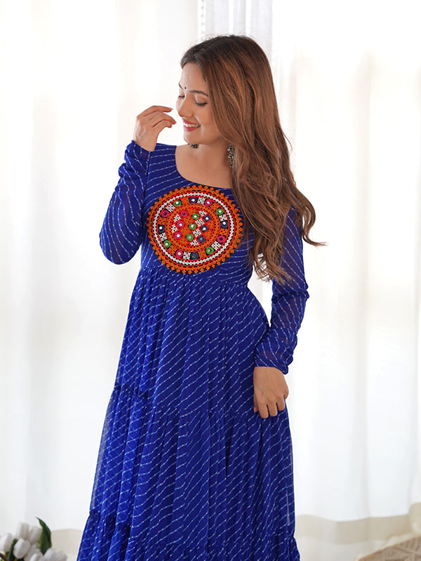 Royal Blue Layered Embroidered & Printed Anarkali Gown