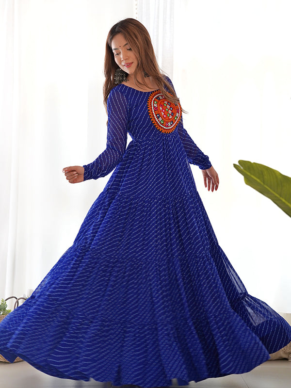 Royal Blue Layered Embroidered & Printed Anarkali Gown